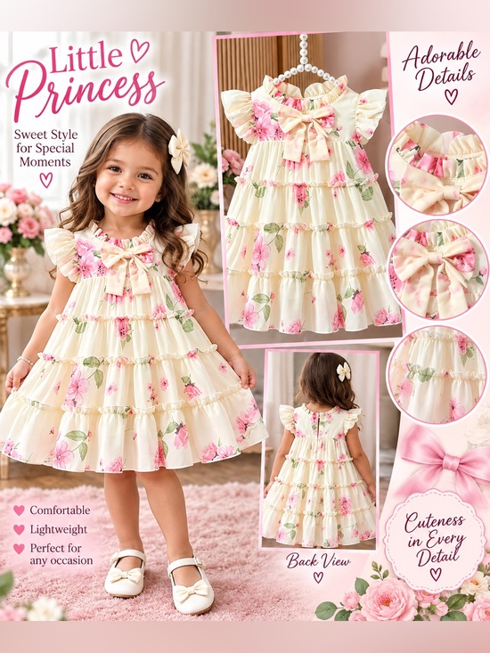 Other - 🌸🆕🌸Girls Cream Floral Ruffled Princess Dress with Pink Flowers (2-3Y/36-39)